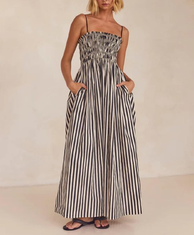 KMBANGI Women Striped Sleeveless Maxi Dress Swing Aline Midi Dress Backless Smocked Spaghetti Strap Boho Flowy Sundress – Bild 2