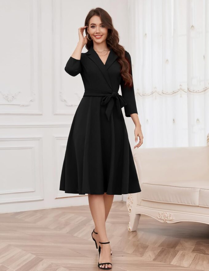 Meetjen Women's V-Neck Formal Dresses 3/4 Sleeve Modest Church Fit and Flare Cocktail Dress for Wedding Guest – Bild 4
