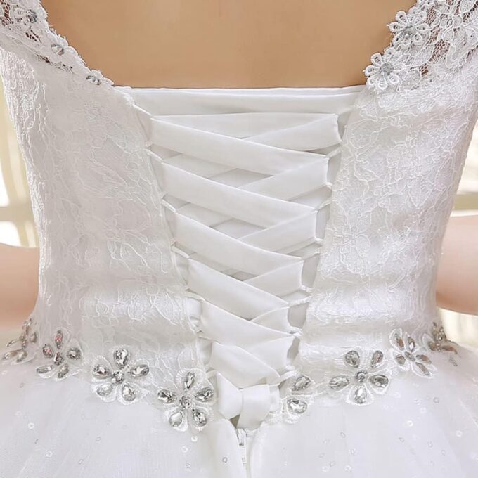 Brautkleid A-Linie Spitzen Hochzeitskleid Damen Maxi Kleider Lang Abendkleid Runde Ausschnitt Kurzarm Brautkleider – Bild 6