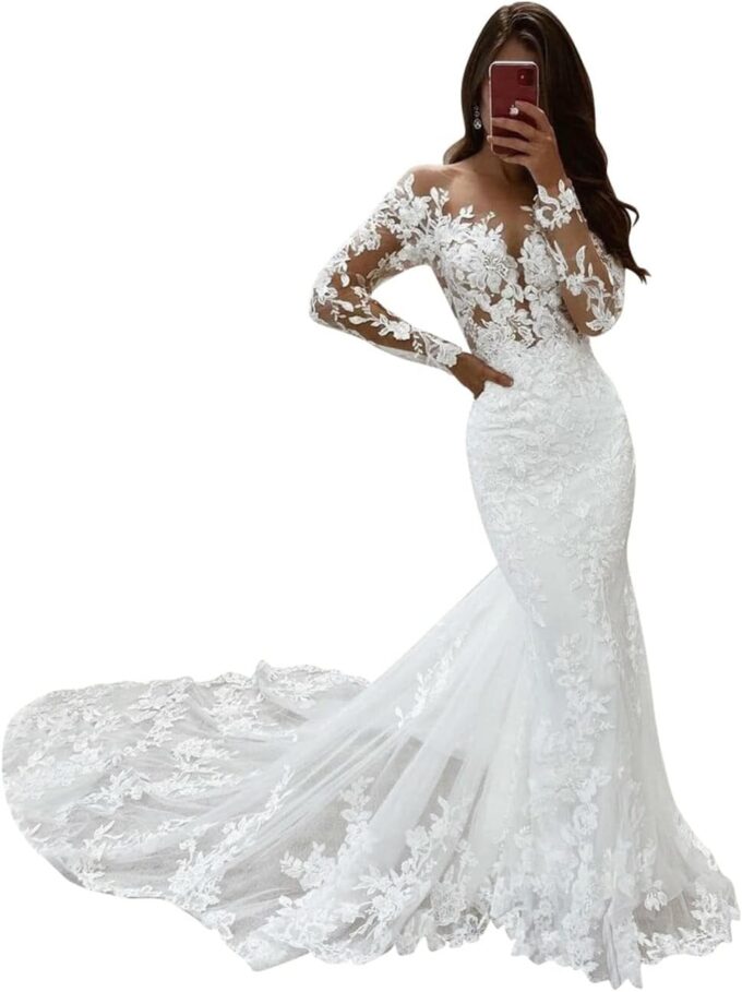 Langarm Meerjungfrau Brautkleid Standesamt Hochzeitskleider Tüll Brautkleider mit Schleppe, SEVENYXX, White, 36
