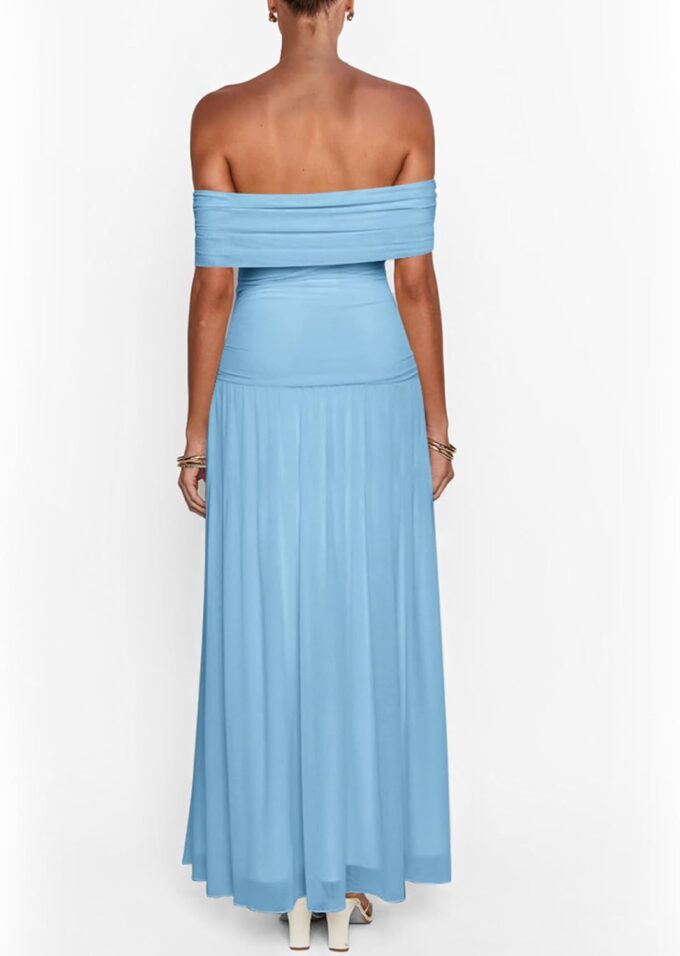 MASCOMODA Women Off The Shoulder Mesh Maxi Dress Bodycon Ruched Formal Sleeveless Pleated Cocktail Wedding Guest Long Dresses – Bild 3