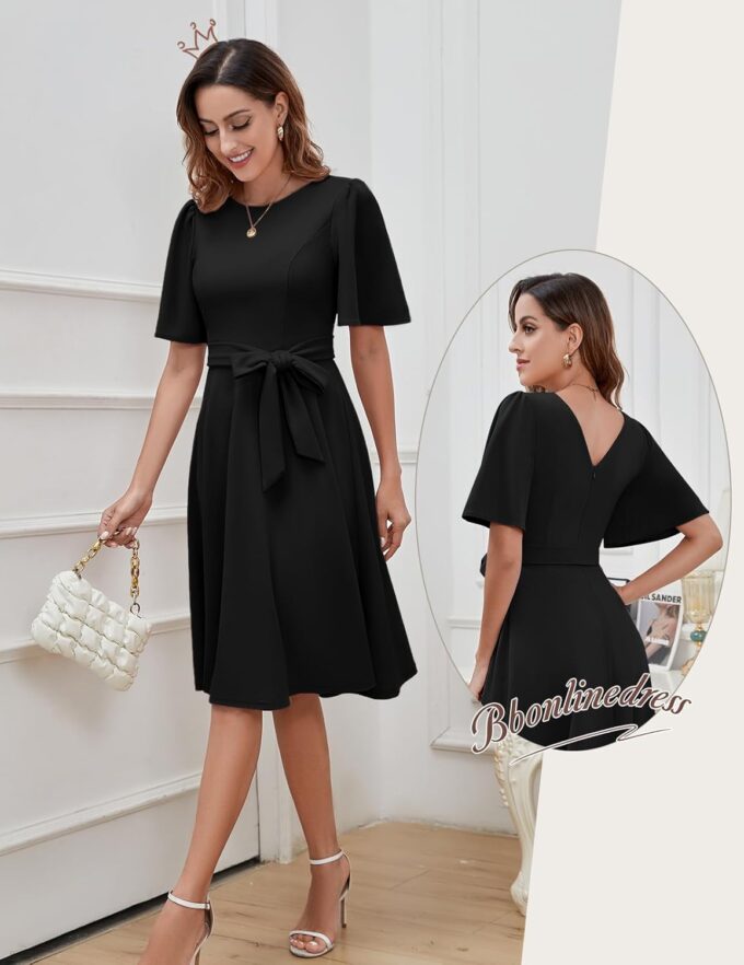 Bbonlinedress Women Midi Cocktail Vintage Dress Formal Wedding Guest Fit & Flare Church Work Prom 2025 Dress with Sleeves – Bild 2