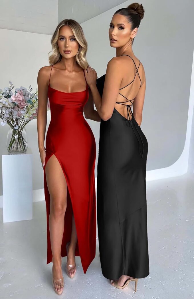 Memoriesea Women's Sexy Spaghetti Strap Bodycon Cowl Neck Party Cocktail Maxi Dress – Bild 7