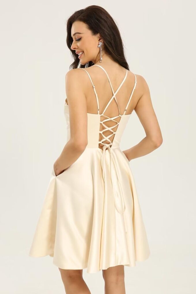 Homecoming Dresses for Teens Knee Length Spaghetti Strap with Pockets Satin Backless Prom Dress – Bild 9
