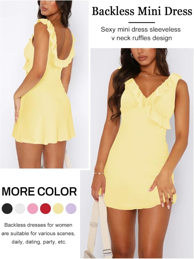 Women's Sexy V Neck Sleeveless Backless Ruffles Dress for Women Elegant Mesh Party Fitted Cocktail Mini Dresses – Bild 2