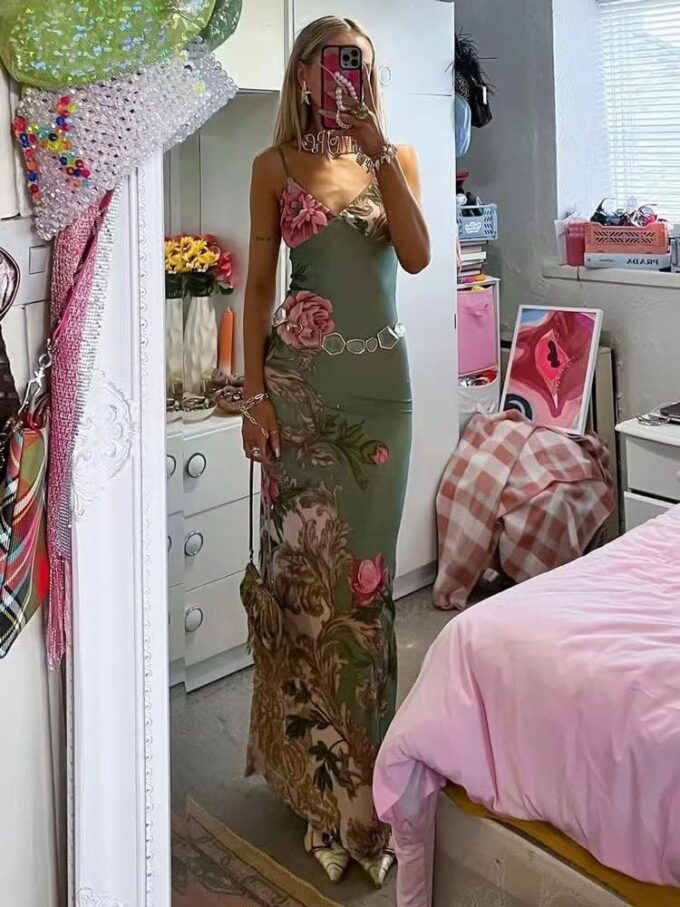 Women Vintage Spaghetti Strap Maxi Dress Sexy Low Cut Backless Floral Satin Slip Long Dress Y2k Cami Bodycon Dresses – Bild 4