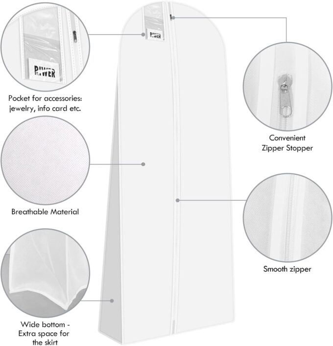 Riwer Brautkleidhülle Kleidersack 180 cm Anti-Staub Atmungsaktiver Hochzeitskleid Kleidersäcke mit reißverschluss für Brautkleider Abendkleider oder Lange Mäntel, Weiß – Bild 3