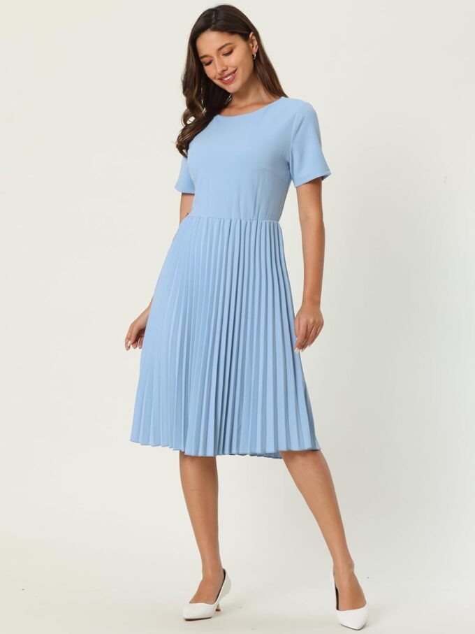 Hobemty Damen 2024 Plisseekleider Kurzarm Midi Arbeit A-Linie Kleid – Bild 2
