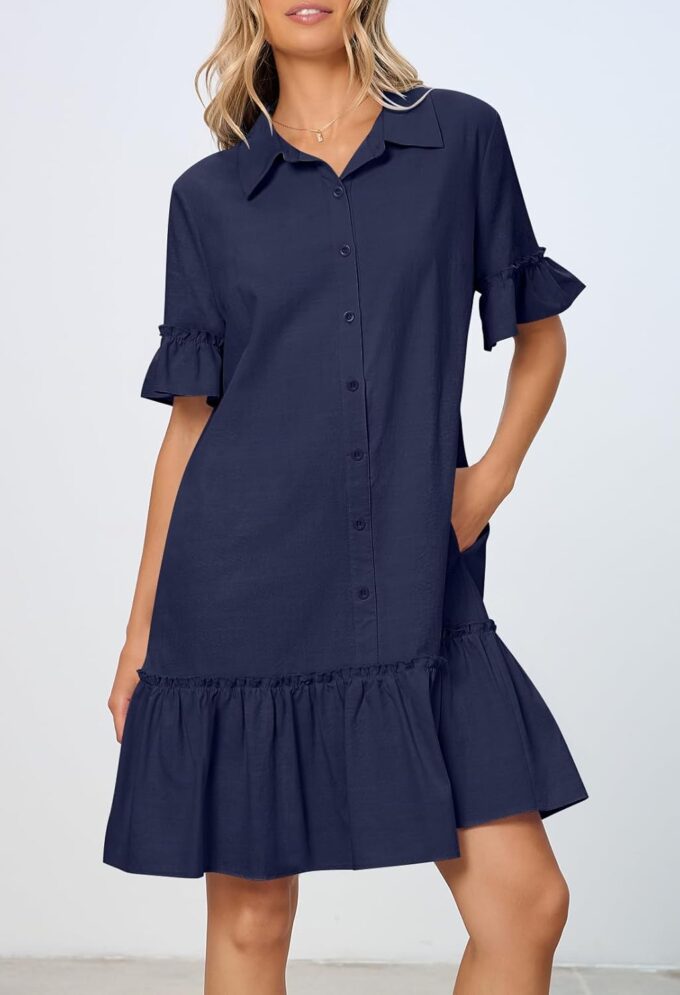 MEROKEETY Women's Summer Button Down Shirt Dress Casual Ruffle Sleeve Shift Mini Dresses with Pockets – Bild 3