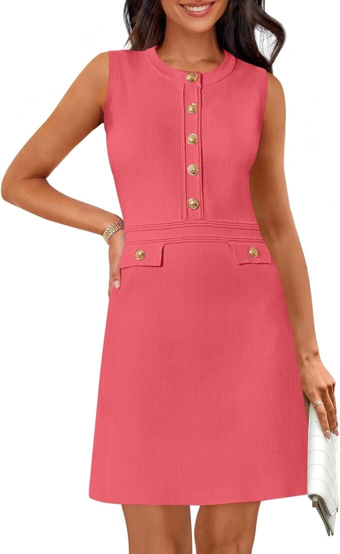 Merokeety, formelles Arbeits-Minikleid für Damen, lässiges Sommerkleid ohne Ärmel, elegantes Knopfdesign, Business-Outfits für das Büro
