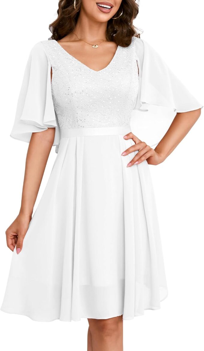 Dressystar Damen Elegant Cocktailkleid V-Ausschnitt Spitzenkleid mit Pailletten Knielang Abendkleider Hochzeit – Bild 2