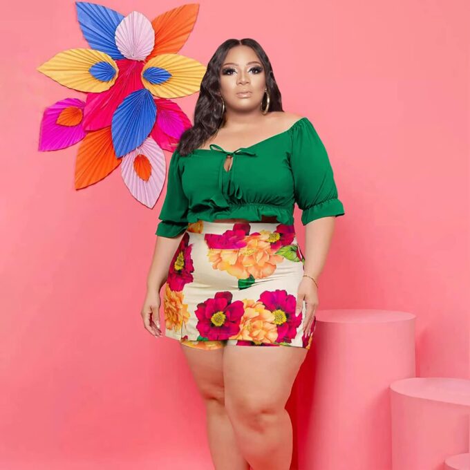 Women Plus Size Skirt Two Piece Outfit Short Sleeve Off The Shoulder Crop Top Shorts Dress Suit Set – Bild 2