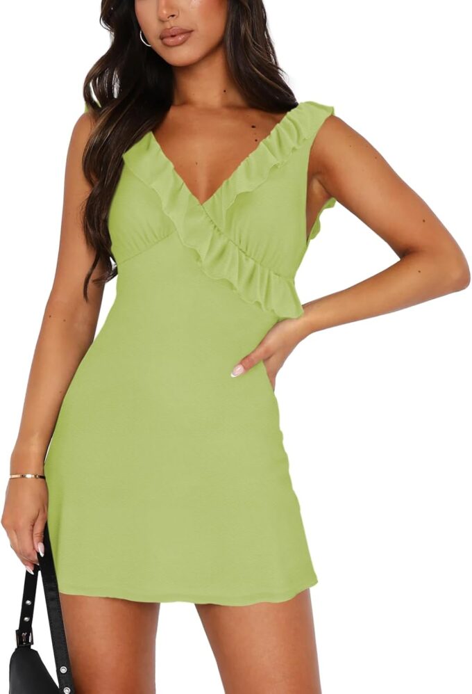 Women's Sexy V Neck Sleeveless Backless Ruffles Dress for Women Elegant Mesh Party Fitted Cocktail Mini Dresses