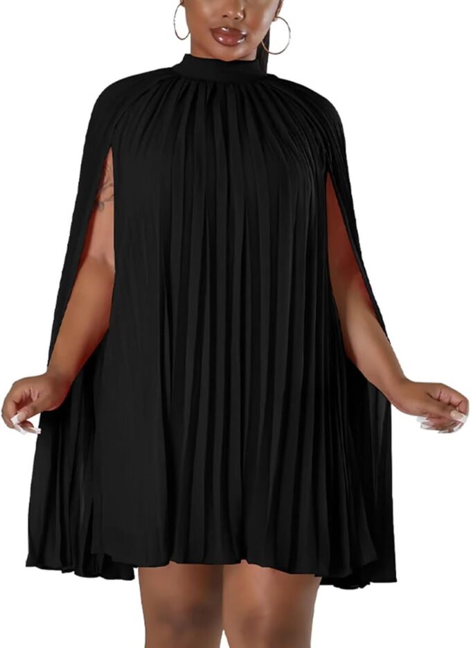 Women’s Casual Cape Sleeve Pleated Split Short Dress Loose Fit Cocktail Party Flowy Dress