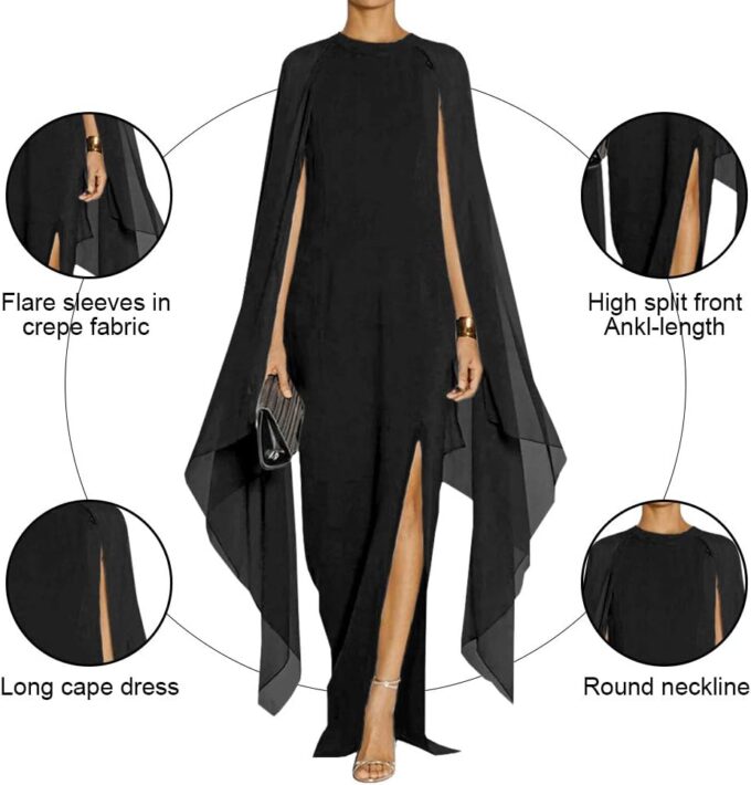 MAYFASEY Women's Elegant High Split Flare Sleeve Formal Evening Gowns Maxi Dress with Cape – Bild 2