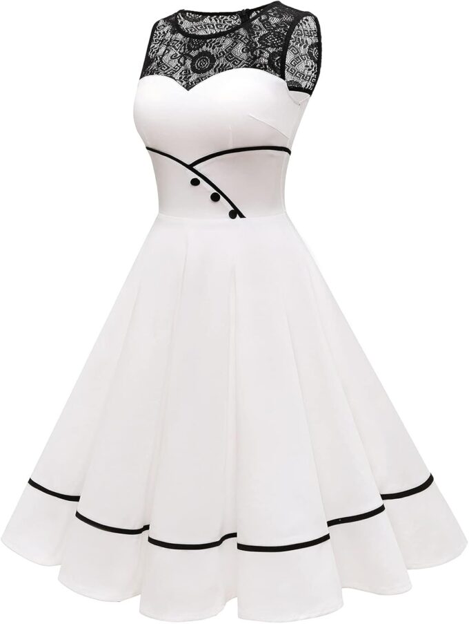 Bbonlinedress Damen Cocktailkleid Rockabilly Spitzenkleid 50er Retro Vintage Faltenrock Elegant Ärmellos Rundhals – Bild 3