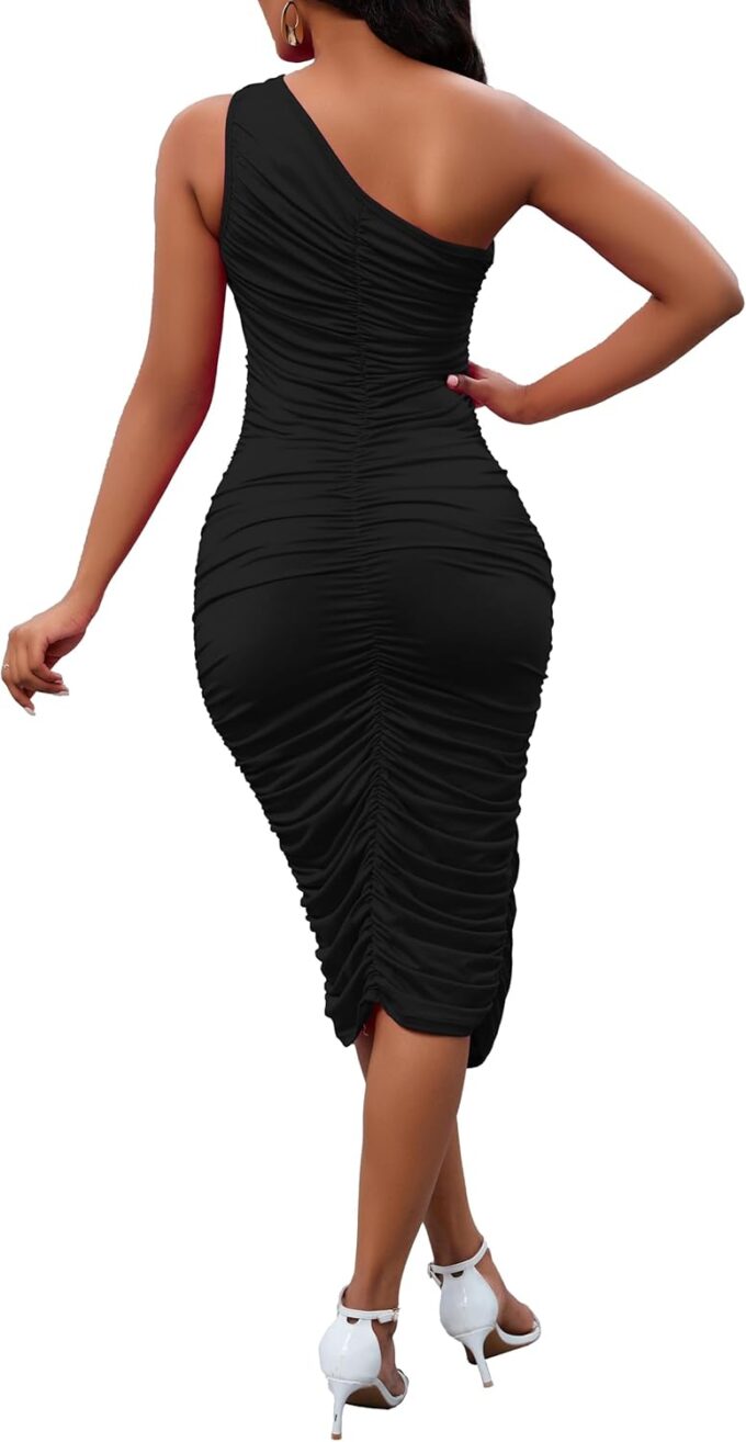 Women's Sexy One Shoulder Dresses Sleeveless Party Club Ruched Cocktail Wedding Guest Bodycon Midi Dress – Bild 3