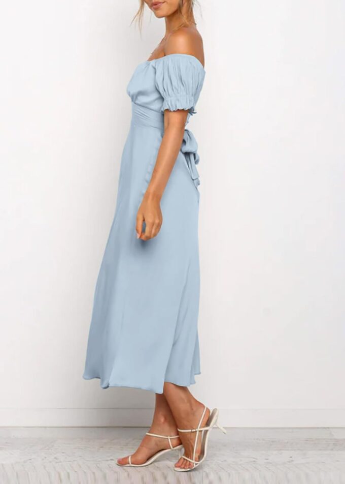 KIRUNDO Women's 2025 Summer Satin Midi Dress Off The Shoulder Wrap Ruched Wedding Guest Party Cocktail Formal Prom Dresses – Bild 5