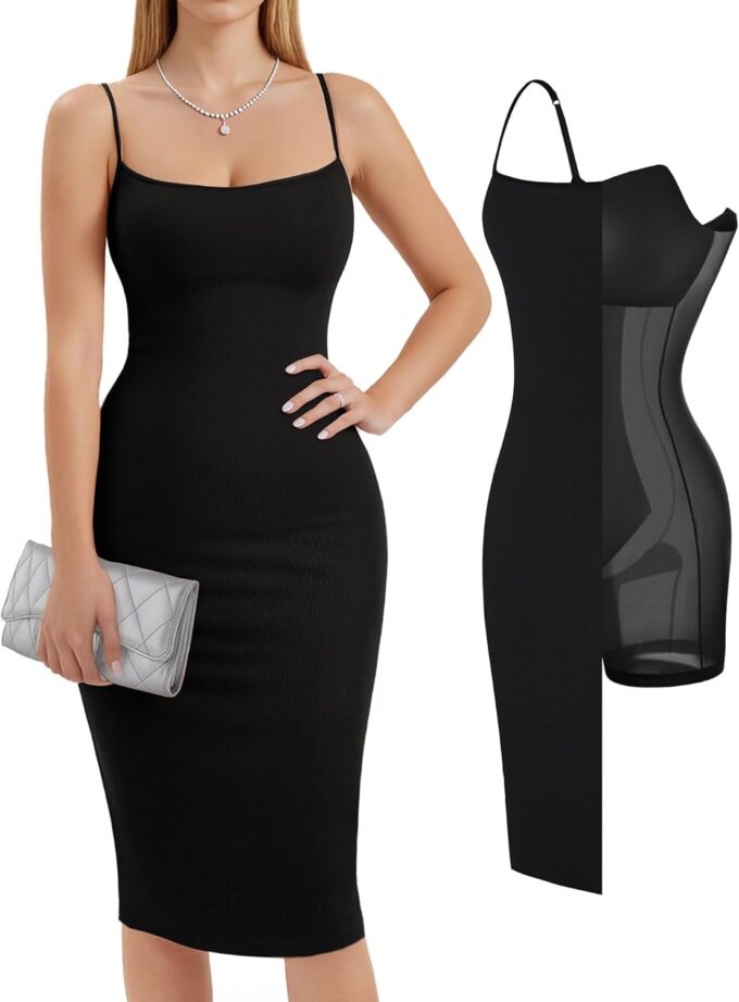 Popilush Womens Summer Shapewear Dress - Bodycon Cocktail Graduation Party Midi Dresses with Built-in Bra