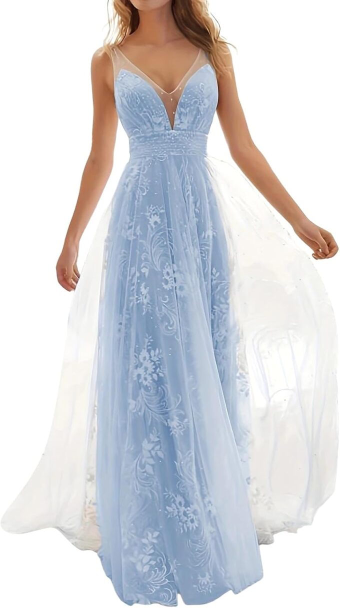 DeaAmyGline Damen Abendkleid Lang Hochzeitskleid Spitzen V-Ausschnitt Kleider Festlich Elegant Brautkleid Brautjungfernkleider Abendkleider Elegant Hochzeit Gast Ballkleid Fauen Partykleid
