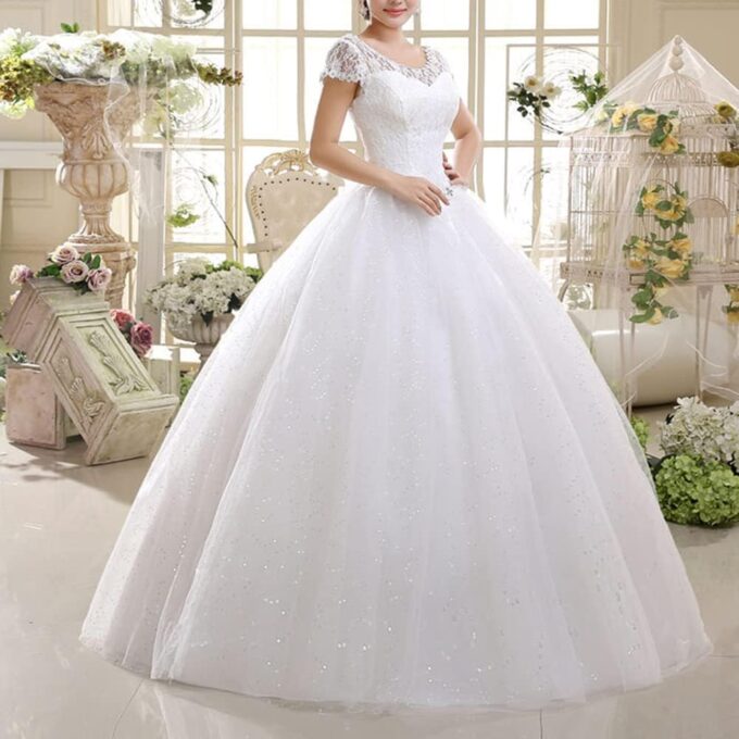 Brautkleid A-Linie Spitzen Hochzeitskleid Damen Maxi Kleider Lang Abendkleid Runde Ausschnitt Kurzarm Brautkleider – Bild 2