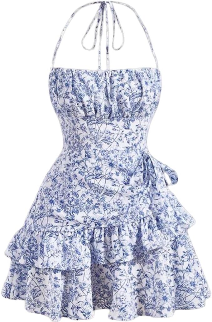 Narecte Summer Dresses for Women,Tie Halter Mini Dress,Floral Print Short Dress,Ruffle Trim Casual Dresses