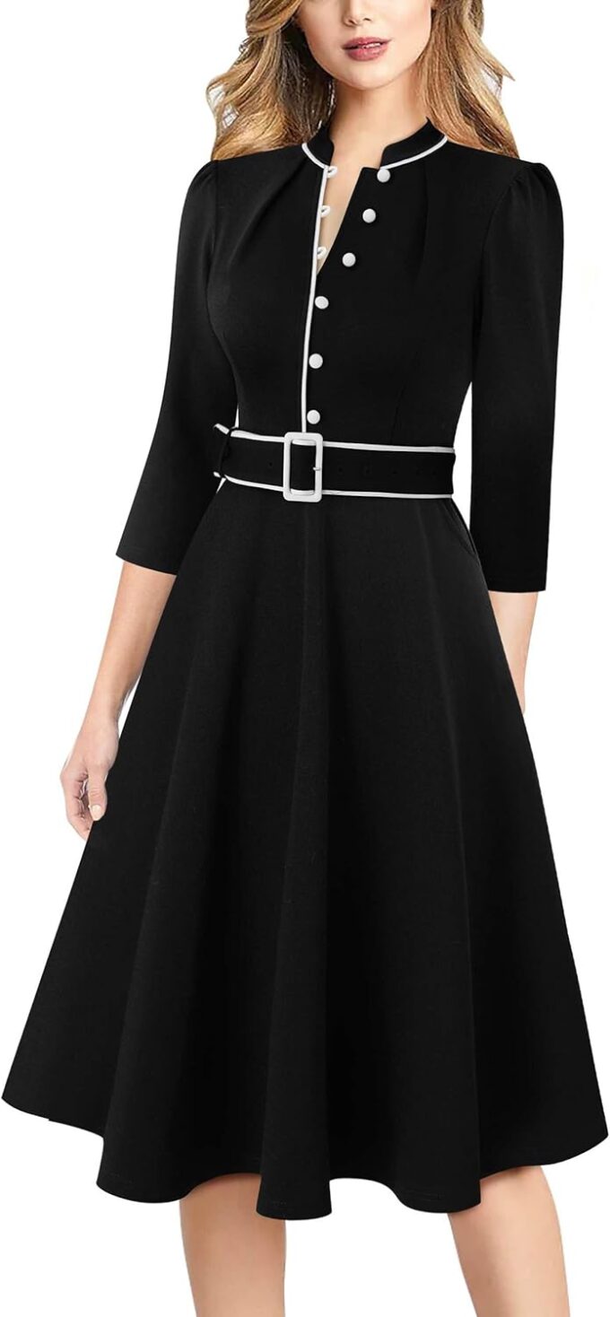 VFSHOW Damen-Kleid 2024, Business, Arbeit, Büro, 3/4-Ärmel, Taschen, Gürtelknöpfe, elegante Passform und ausgestelltes A-Linien-Kleid