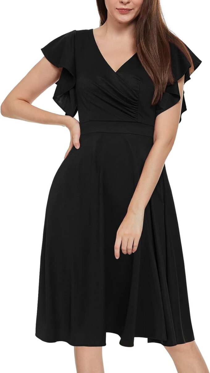 Women's Cocktail Dress Wrap V Neck Ruffle Short Sleeve A Line Work Formal Wedding Guest Midi Dress with Pockets – Bild 5