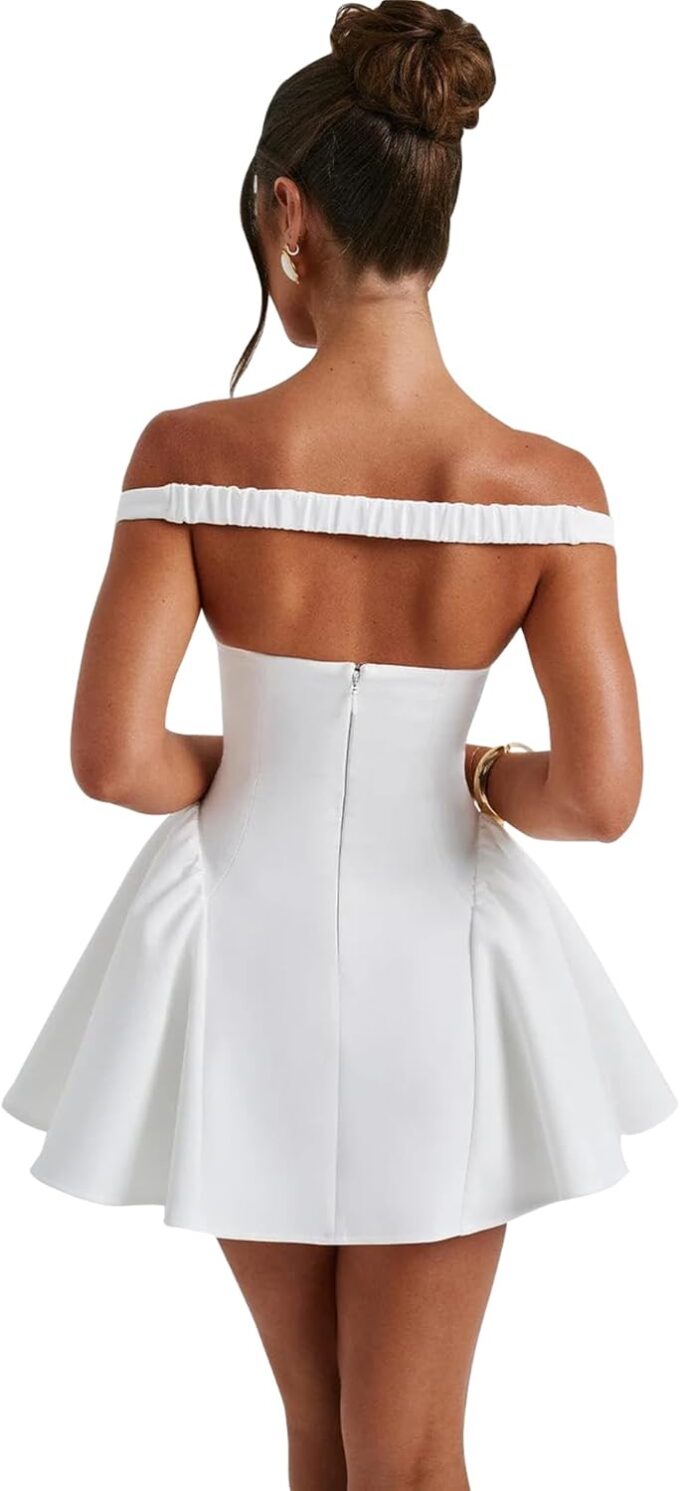 Azhong Women's Summer Sexy V Neck Off Shoulder Wedding Mini Dresses Backless A Line Puffy Hem Prom Party Gown – Bild 6