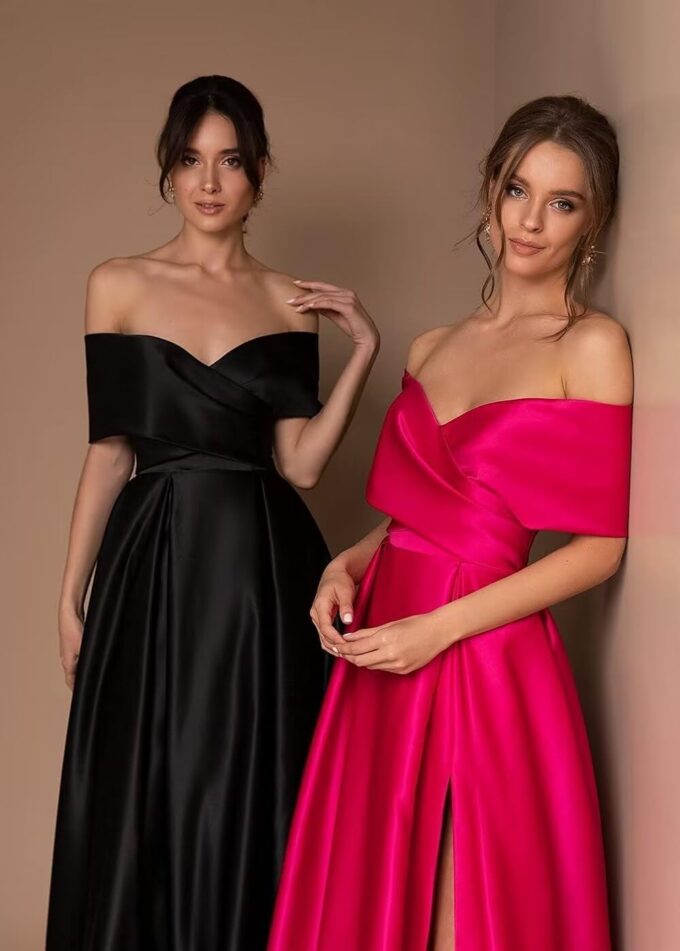 Damen Abschlusskleider Lang mit Taschen Off Shoulder Satin Ballkleider mit Korsett Schlitz A-Linie Formelle Party Abendkleid – Bild 3