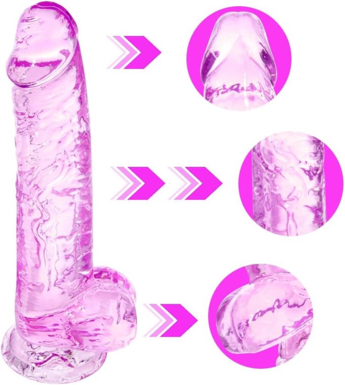 Rosa Saugnapf-Dildo, 21 cm, realistischer Dildo, kleines Anfänger-Sexspielzeug für Erwachsene für Frauen/Männer/Schwule, mit gebogenem Schaft und Hoden, geeignet für Vagina, G-Punkt und Anus – Bild 2