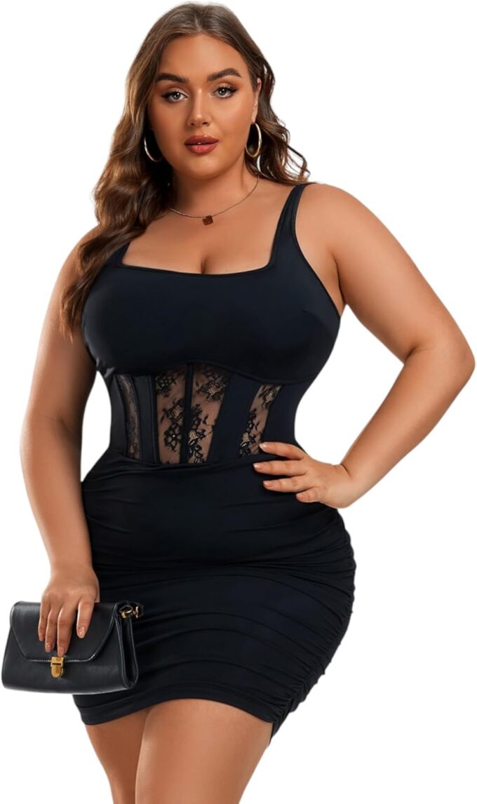 Women’s Plus Size Sexy Ruched Bodycon Dress Sleeveless Square Neck Club Party Dresses – Bild 4