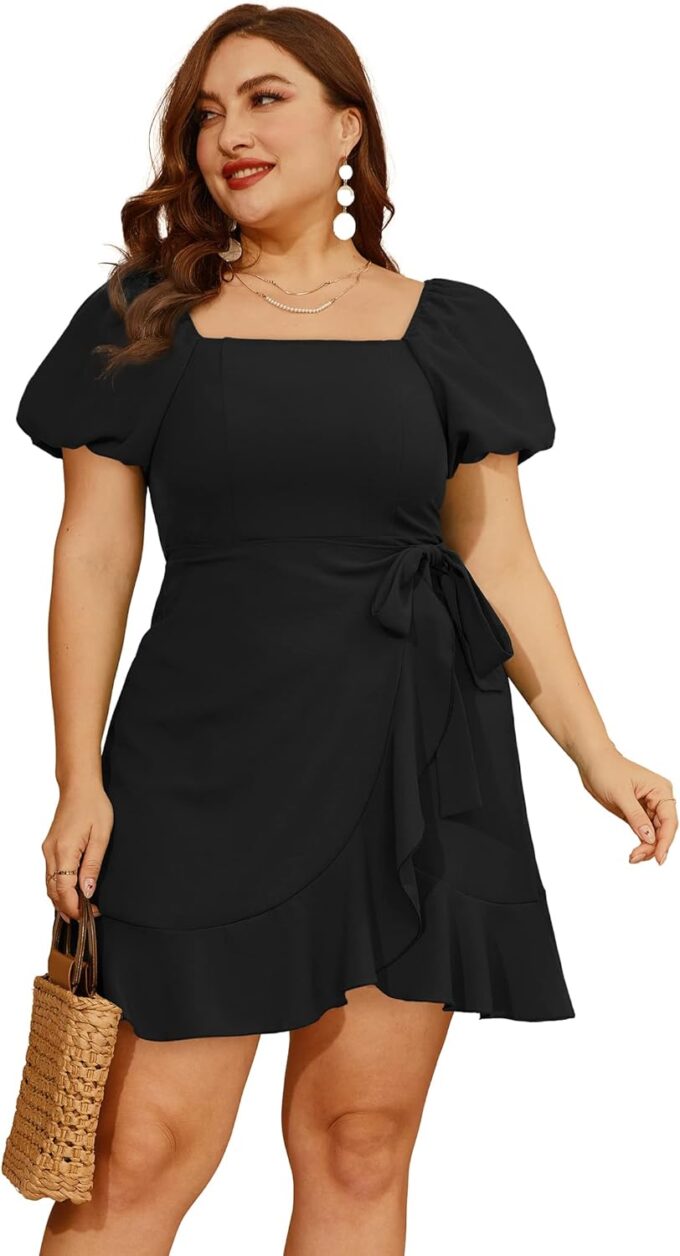 SAMPEEL Womens Summer Dresses Square Neck Puff Sleeve Tie Waist Short Dress – Bild 3