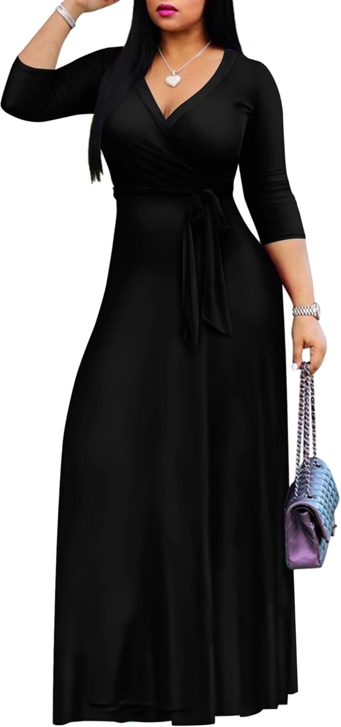 FANDEE Women's 2025 Maxi Dress - Solid Color Bohemian Summer Long Maxi Dress V-Neck 3/4 Sleeve – Bild 3