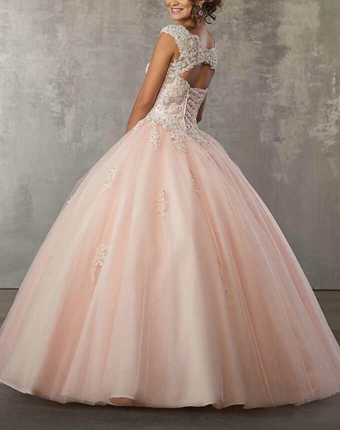Vantexi Damen V-Ausschnitt Quinceanera Kleider Mit Spitze Abendkleider Lang Hochzeitskleider Elegant Ballkleid – Bild 2