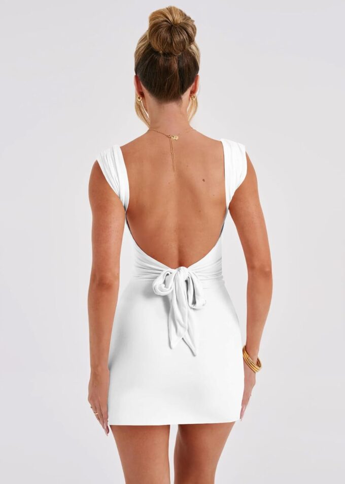 Womens 2025 Sexy Sleeveless Dress Square Neck Backless High Side Slit Ruched Bodycon Mini Dress – Bild 3