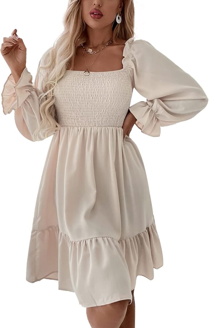 LYANER Women's Square Neck Lantern Long Sleeve Ruffle Shirred Flowy Party Mini Dress – Bild 5