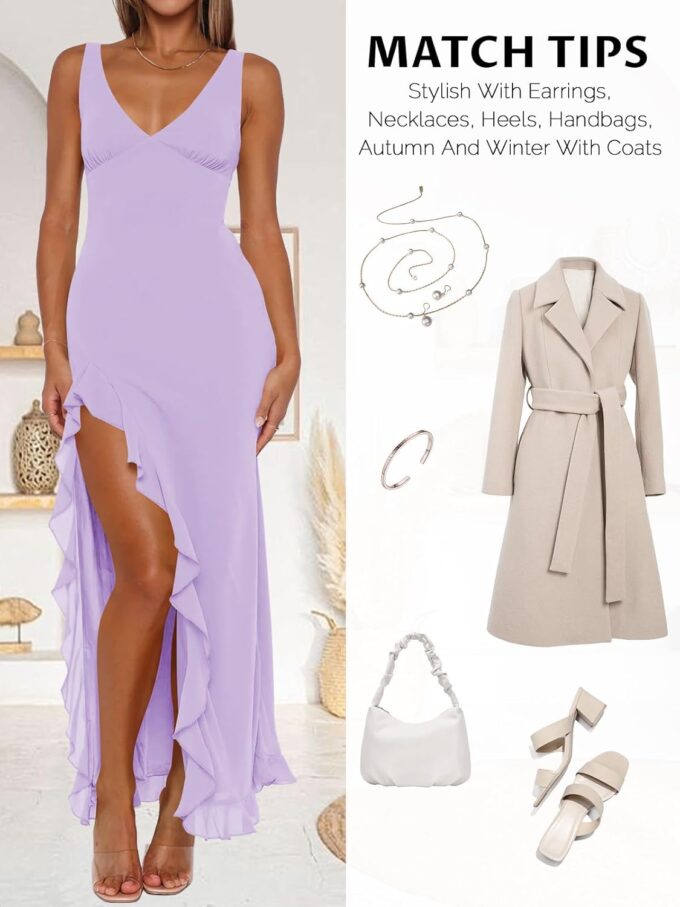 Women Sexy V Neck Sleeveless Mesh Ruffle Hem Bodycon Maxi Dress Backless High Slit Cocktail Party Club Dress – Bild 5