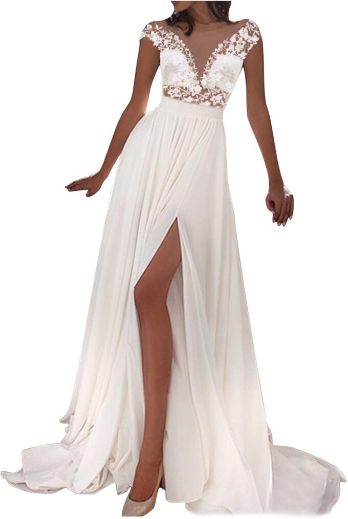 Prinzessin Trauung Kleid Damen Brautkleider A-Linie Lang Spitzen Hochzeitskleider mit Ärmel Standesamtliche Brautkleid Damen Lang Schlichte Brautmode Tüll V-Ausschnitt