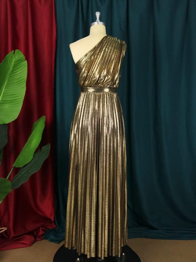 AOMEI Women's Luxury Metallic One Shoulder Sleeveless Elegant Pleated Long Dress – Bild 4