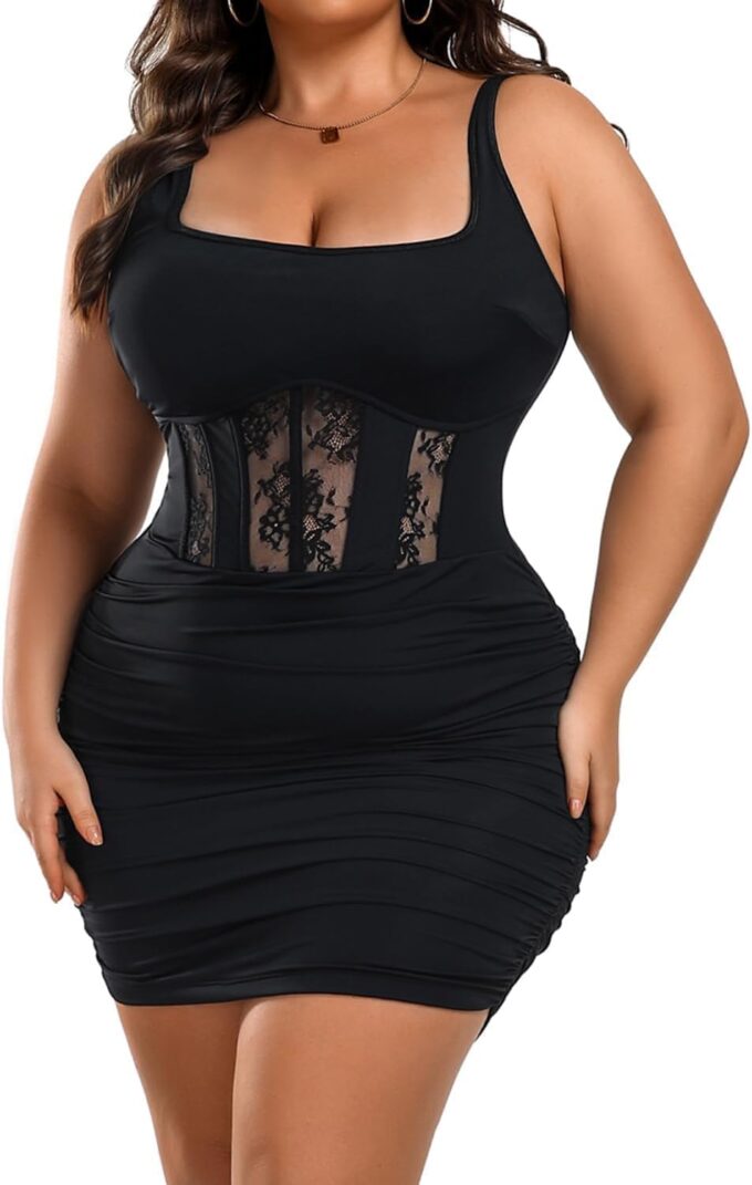 Women’s Plus Size Sexy Ruched Bodycon Dress Sleeveless Square Neck Club Party Dresses