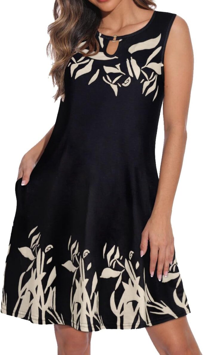 Summer Dresses for Women Casual Sleeveless Sundress Floral Loose Fit Beach Cover Up with Pocket