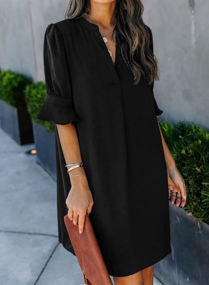 Wkior Shift Dress for Women V Neck Short Sleeves Solid Color Casual Flowy Summer Dresses(S-2XL) – Bild 2