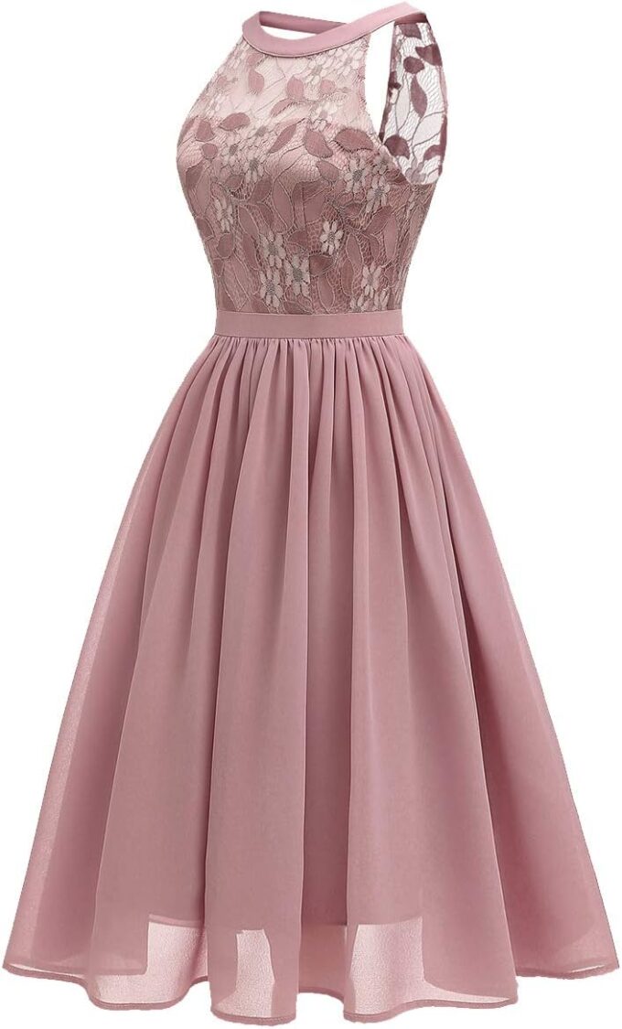 Abendkleider Elegant für Hochzeit Damen Neckholder Swing Spitzen Chiffon Cocktailkleid – Bild 2