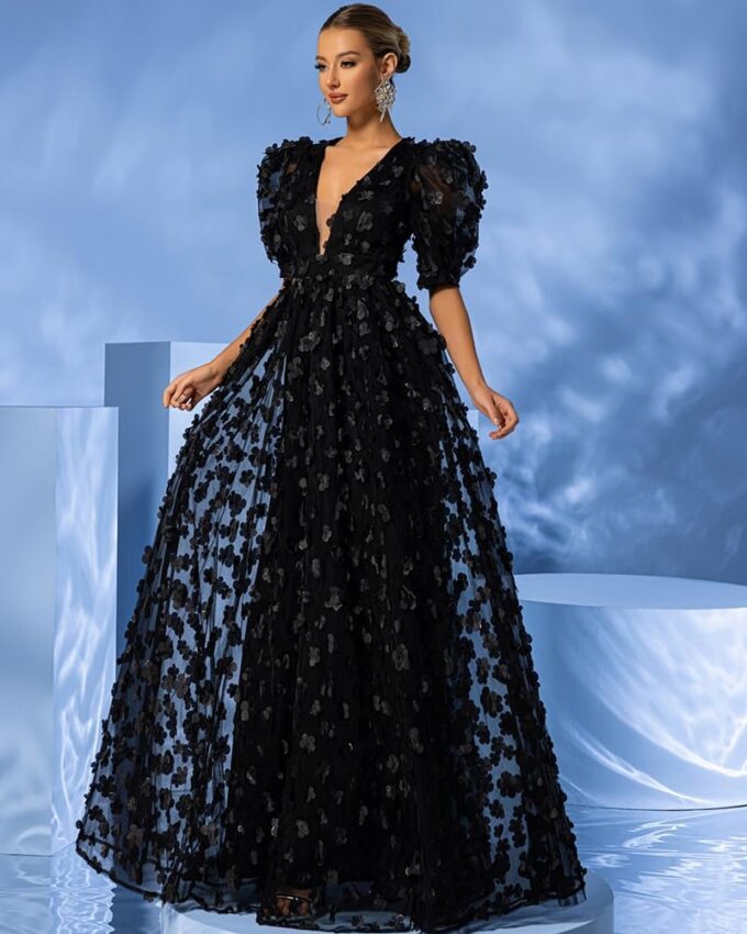 Women's Floral Tulle A Line Puffy Sleeve Prom Dresses Elegant V Neck Formal Evening Party Gowns – Bild 2