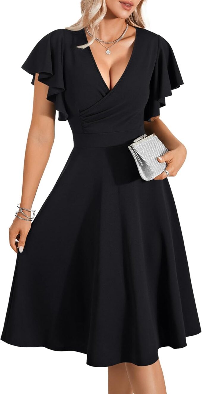 LYANER Women's Warp V Neck Ruffle Short Sleeve A Line Swing Flared Cocktail Party Midi Dress – Bild 3