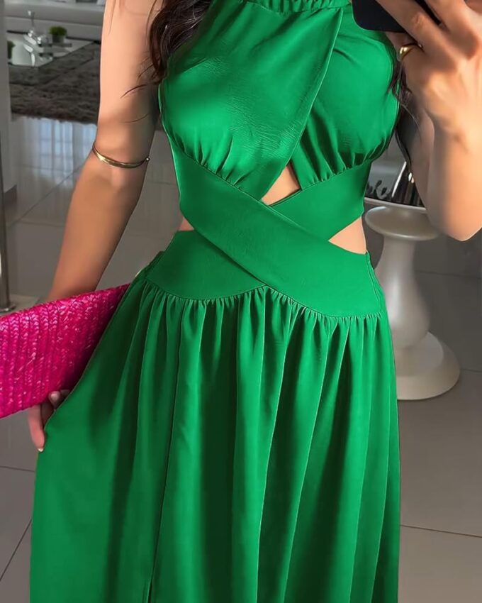 CHICME Women's Sleeveless Halter Neck Dress Criss Cross Tie Back Split High Maxi Dress – Bild 2