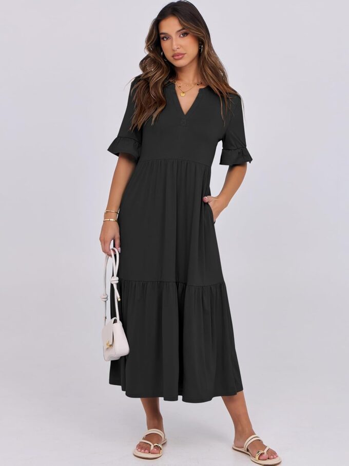ANRABESS Women's Casual Summer Ruffle Short Sleeve T Shirts Maxi Dress 2025 Spring V Neck Flowy Tiered Boho Beach Dresses – Bild 2