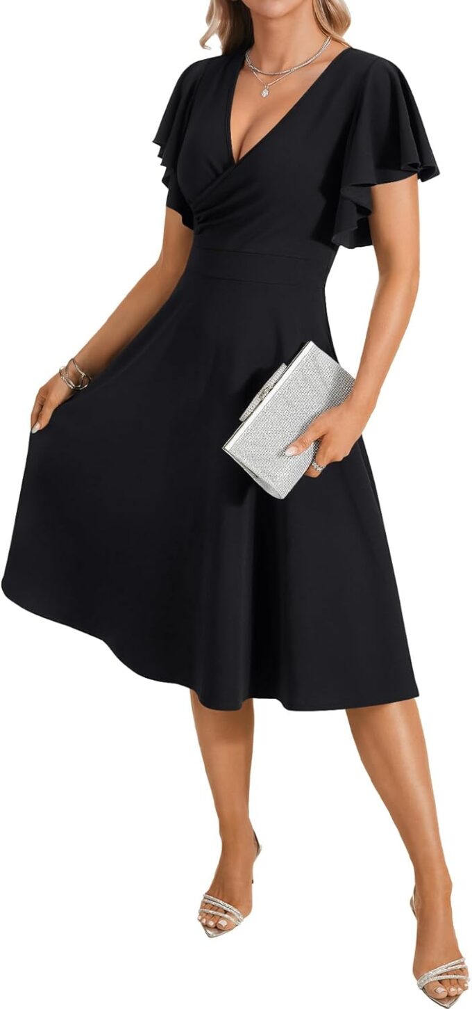 LYANER Women's Warp V Neck Ruffle Short Sleeve A Line Swing Flared Cocktail Party Midi Dress – Bild 4