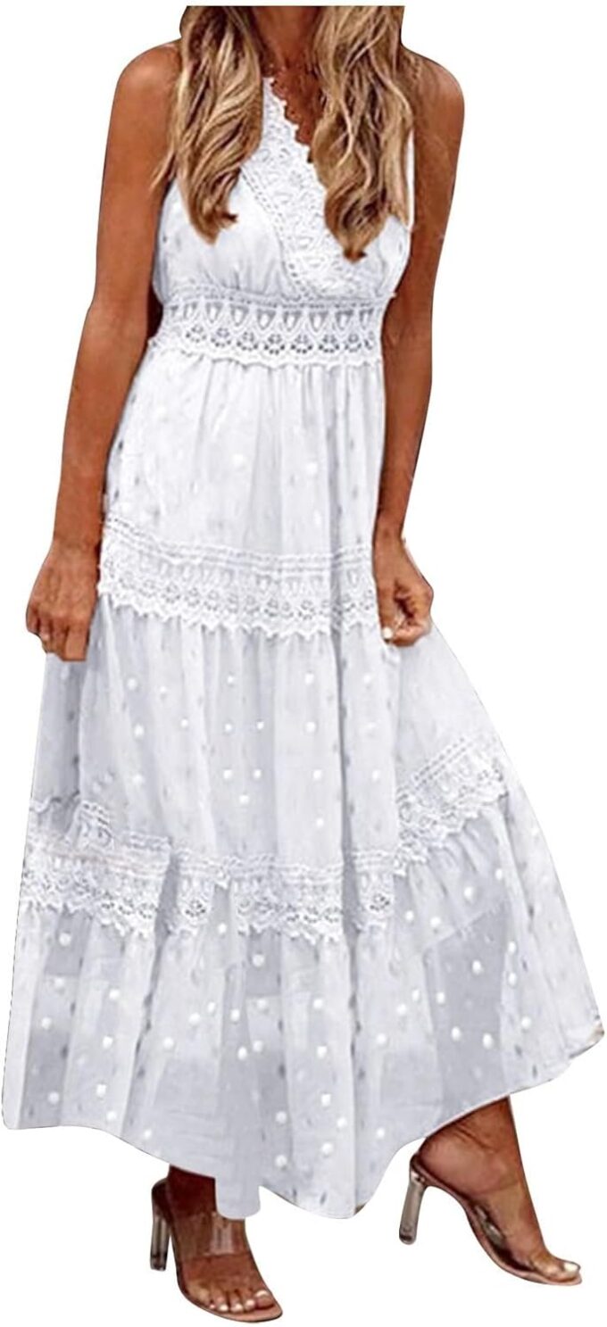 DeaAmyGline Sommerkleid Damen Lang Strandkleid Sommer Boho Kleid V-Ausschnitt mit Spitze Stickerei Punkte Maxikleid Brautkleid Hochzeit Gast Kleider Festlich Elegant Abendkleid Partykleid für Fauen – Bild 3
